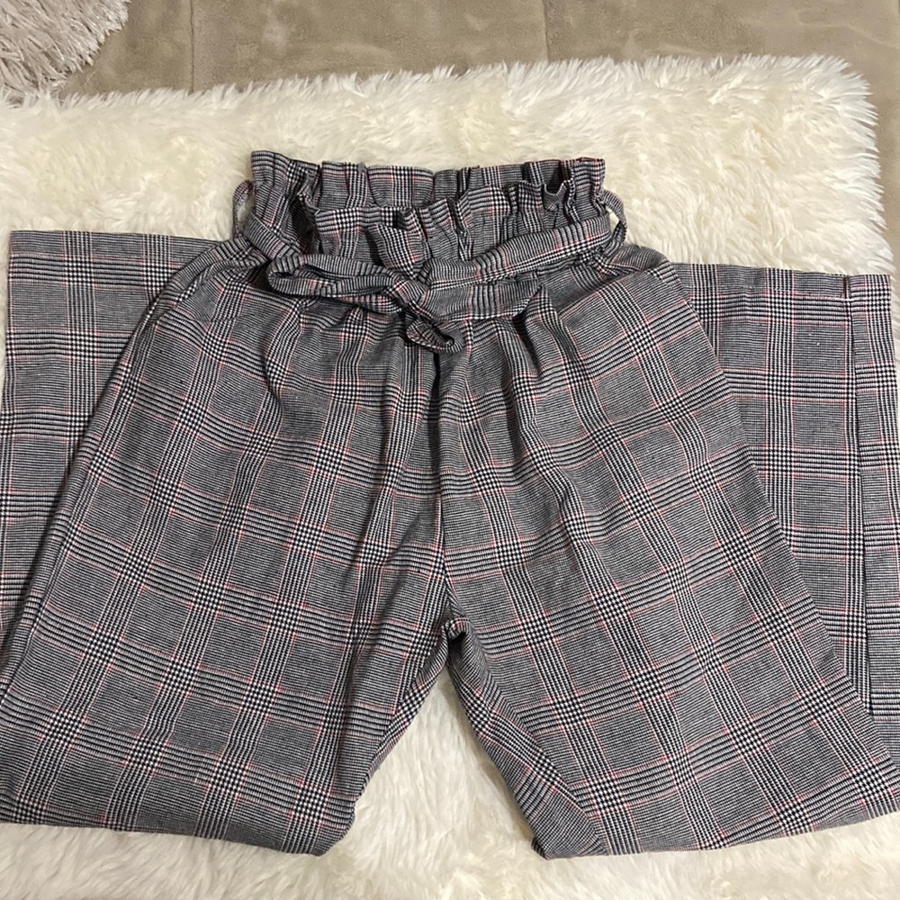 Red white black plaid pants with tie